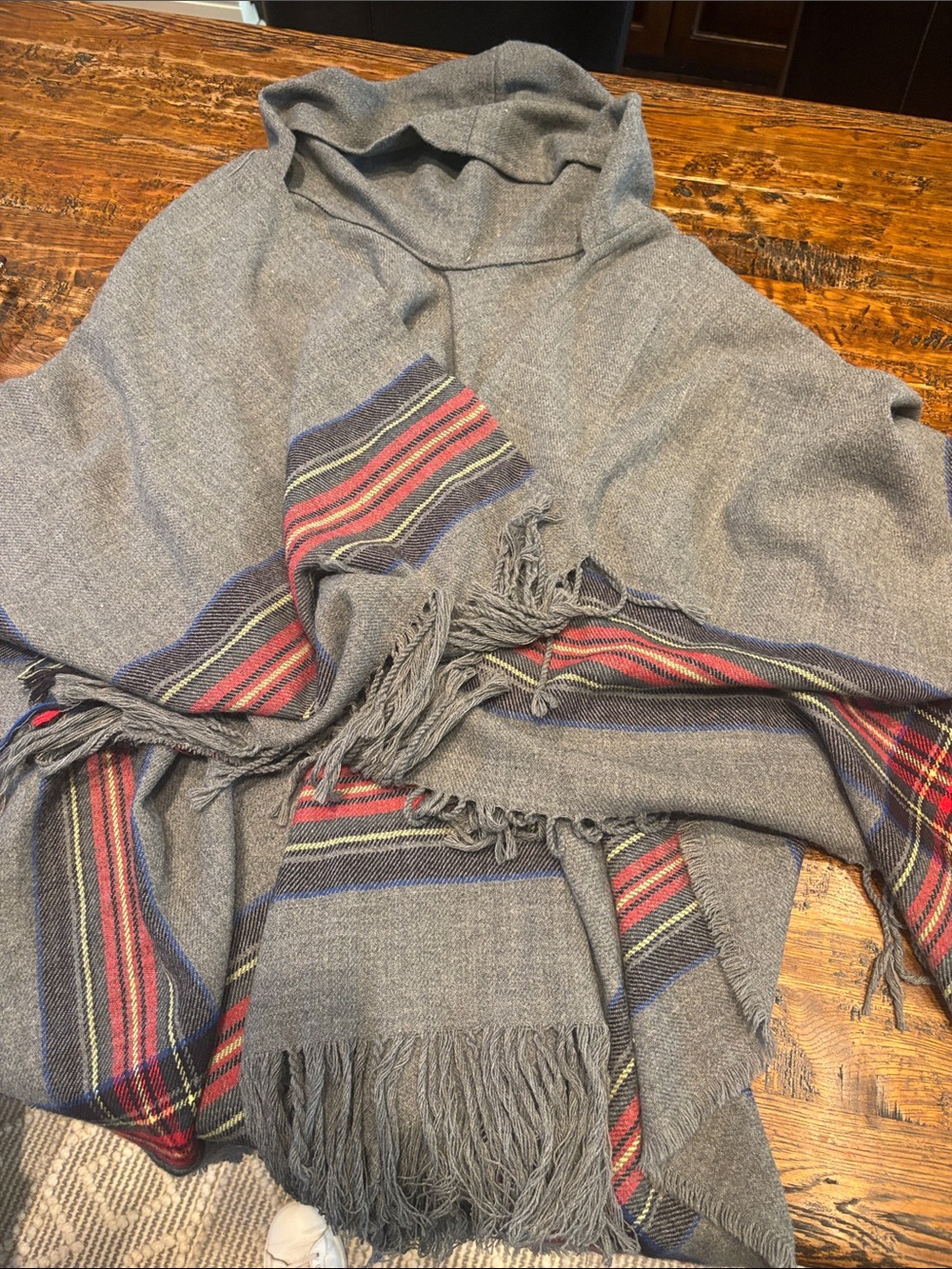 Gray Hooded Fringe Poncho with Red & Blue Stripes